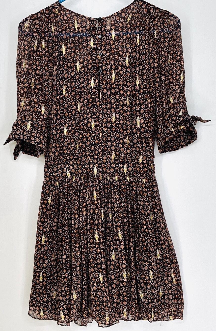 BA&SH Madris Silk Dress Sz 1 US 6 Black Metallic Print Tie Sleeve Parisian Boho